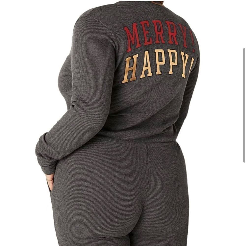 VS PINK Grey Thermal Holiday Merry Happy Drawstring Pajama Onesie w/ Pockets